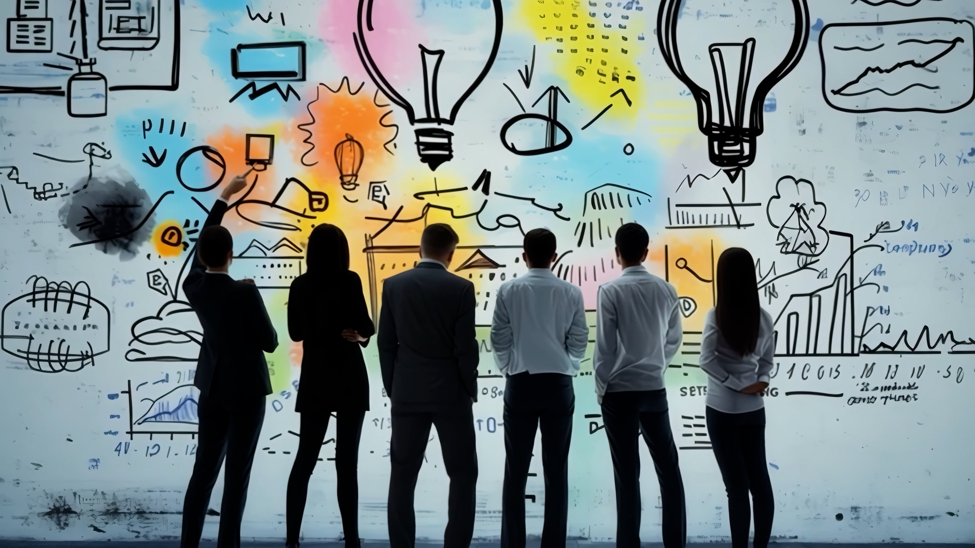 Business team standing in front of an innovation wall representing technical interviewing and talent evaluation