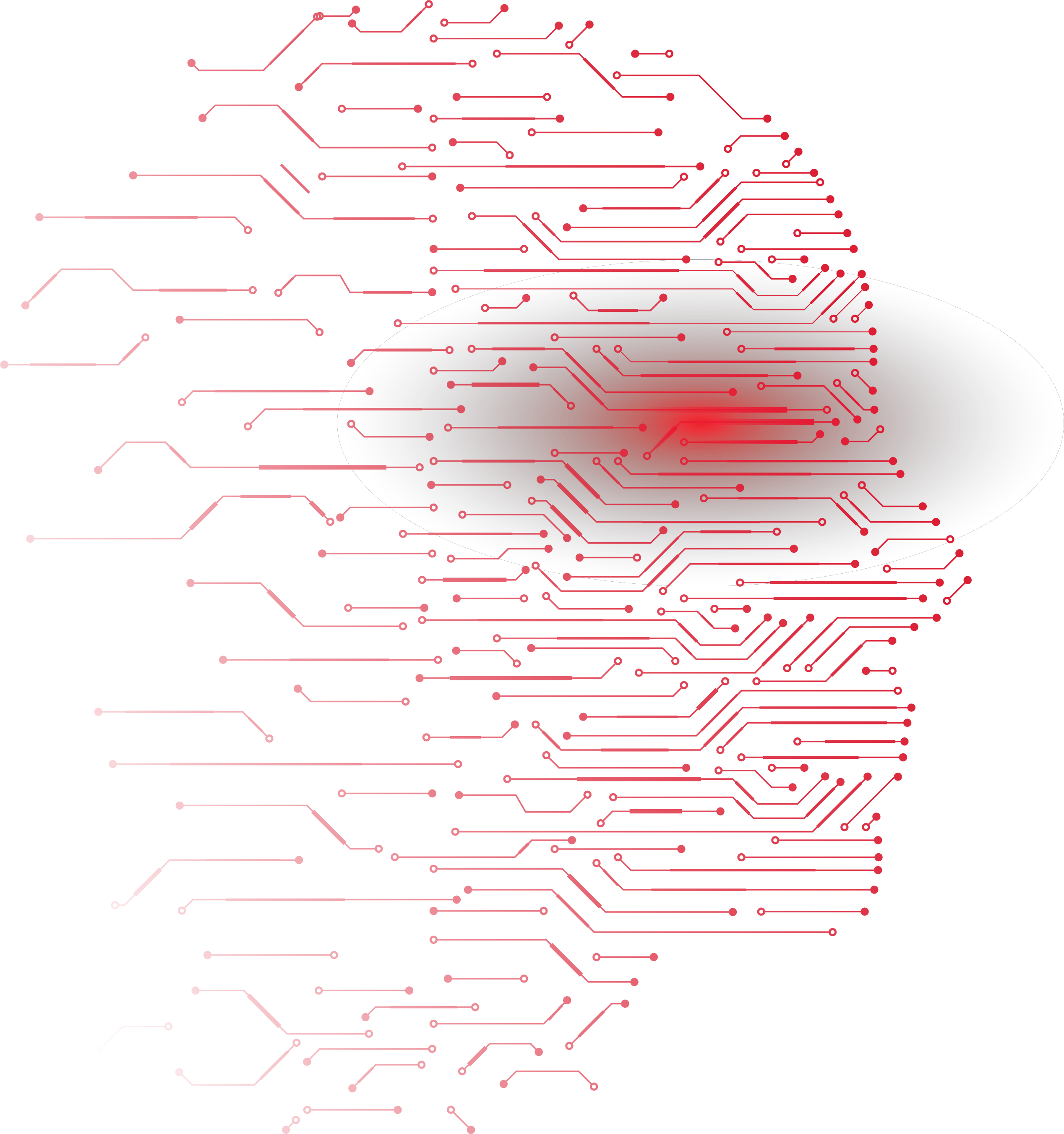 Digital face made of red lines with dots at the end